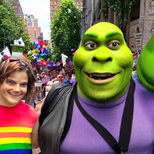 Prompt: Shrekshuka goes to Pride parade with shrek and Ben Stiller 