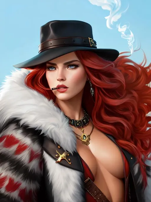 Prompt: A hyper realistic detailed character poster ((waist-up)) image of a young ((barbarian)) woman ((fierce)), with ((fur clothes)), with ((red hair)) balayage wild hair, wearing a detective hat and smoking a cigarette, highly detailed, digital painting, Trending on artstation, HD quality, ((by Prywinko)) D&D, Fantasy