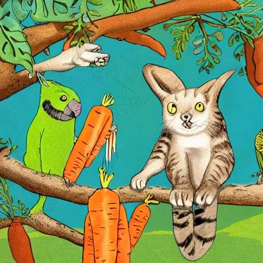 Prompt: a cat and a parrot talking to a white rabbit eating carrot with a beetle on his head and a sloth in a tree