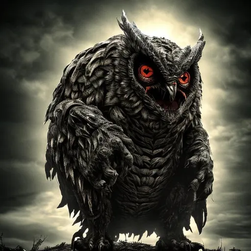 Prompt: Generate an image in the dark, gritty style of Kentaro Miura, depicting a monstrous creature known as the Oroborowl. Standing approximately 3 meters tall, the Oroborowl is a hulking figure that primarily resembles an owl but exudes an undeniable air of menace.

Its body is sturdy and robust, enveloped in a muted mix of brown and black hues akin to an owl's plumage. The Oroborowl's head and face should be owl-like, featuring large, ominous eyes and a grimace of chaotic, menacing teeth that replace the usual beak.

This creature possesses abnormaly large wings, which dominate its figure. These wings are not brightly colored; instead, they blend with the creature's overall somber color scheme, adding to its monstrous silhouette.

Its tail, reminiscent of a bear's, ends in a flat shape similar to spread owl tail feathers but hardened and hammer-like, functioning as a weapon. Intricate patterns mimicking the markings of owl feathers serve as natural camouflage in the forest environment.

The Oroborowl is characterized by a low, resounding voice, used to express itself, and it spends long periods sleeping, during which moss grows on its body. Smaller creatures daringly pilfer food remnants from between its chaotic arrangement of teeth.

The creature dwells in a dense forest, hunting and foraging much like an apex predator. Despite an appearance suggesting clumsiness and a lack of intelligence, it is a formidable creature, consuming anything that crosses its path