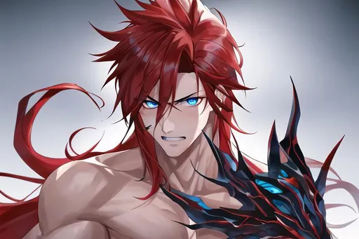 Prompt: Zerif 1male (Red side-swept hair falling between the eyes, sharp and sassy blue eyes), shirtless, highly detailed face, 8K, Insane detail, best quality, UHD, handsome, flirty, muscular, Highly detailed, insane detail, high quality. 