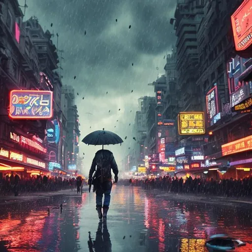Prompt: Disrupting daily scene, realistic colorful character that is lost in a gray crowd, details, epic, realistic, cinematic, floating lights, diffusion, umbrellas in the sky, rising sun, reflective wet ground, epic sky