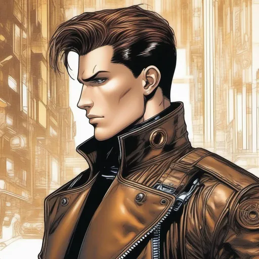 Prompt: A masculine scifi european cyborg soldier. very short bright brown slicked back pompadour undercut hair with shawed sides and light chestnut highlights, round face, broad cheeks, glowing eyes, wearing a black retro futuristic leather jackett with droid armour underneath, Ghost in the shell art. Masamune Shirow art. anime art. Leiji Matsumoto art. Akira art. Otomo art. 2d. 2d art.