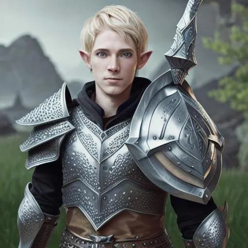 Prompt: male half elven cleric in scalemail armor with shield and mace 4k realistic fantasy. blond hair blue eyes