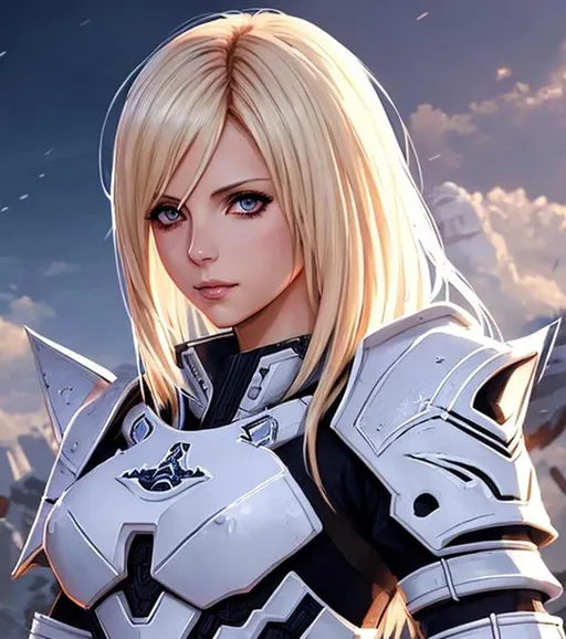 Prompt: Manga cover art. Sarah Michelle Gellar with blonde hair, wearing white Dragoon artifact armor from FFXIV, intricate cyberpunk tribal village, realistic face, emotional lighting, cover logo "Azmaat" , character illustration by Ilya Kuvshinov, chainsaw man, fire punch 