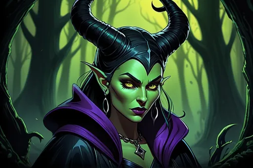 Prompt: Animatic Maleficent-inspired, dark fantasy illustration of a powerful animated Disney sorceress, Drea de Matteo facial twin with green skin, cute facial traits, green skin, green teint, yellow eyes, red lips, high cheekbones, ominous and magical atmosphere, rich dull purple and black tones, murky mystical forest setting, intricate and detailed horns, piercing and intense gaze, flowing and dramatic purple cloak, high-quality, digital painting, fantasy, dark tones, magical, detailed horns, powerful sorceress, atmospheric lighting, skulls and bones laying around