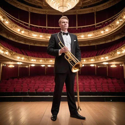 Prompt: Create an image of Johan Norberg, an accomplished trombonist, captured mid-performance on a grand theatre stage. He is dressed in an elegant black tuxedo with a white dress shirt and a classic bow tie, exuding sophistication and grace. The theatre is an opulent venue with ornate, golden architectural details, rich red velvet curtains, and a polished wooden floor. Soft, warm stage lighting highlights Johan, focusing on his expressive face and the gleaming brass of his trombone as he plays, surrounded by the grandeur of the beautiful theatre