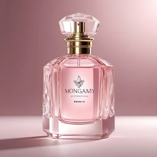 Prompt: Elegant and chic 4k rendering of 'Monogamy By Bonnie' pink perfume bottle, crystal cap, luxurious glass material, soft and delicate lighting, high-end fragrance, detailed reflections, pastel color palette, glamorous, luxury, perfume, glass bottle, crystal cap, high quality, elegant, chic, 4k rendering, soft lighting, delicate, pastel colors, glamorous, luxurious