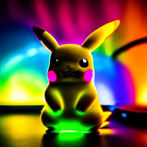 Prompt: Glowing pikachu, glowing rainbow Aurora, reflective eyes, yellow fur