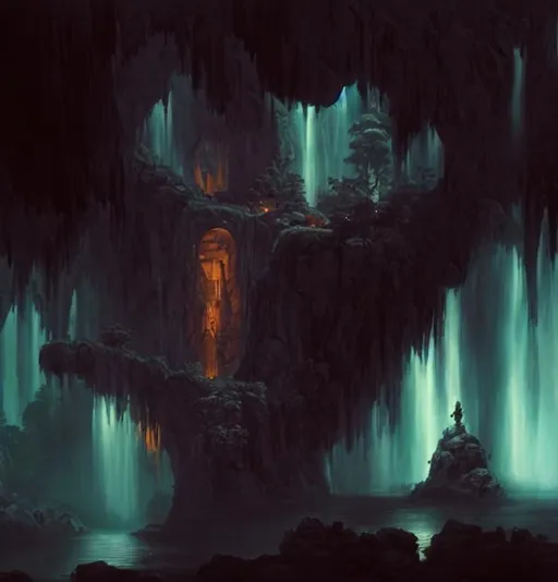 Prompt: carved into the Rock a citadel-temple-cathedral above a waterfall , gnarly trees, lush vegetation, mountains, ocean, a small stream runs beneath the waterfall, Alan lee landscape, raphael lacoste, eddie mendoza, alex ross, concept art, matte painting, highly detailed, rule of thirds, dynamic lighting, cinematic, detailed, denoised, centerd