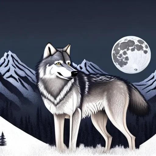 Prompt: Grey wolf looking at the full moon, realistic style, mountains background