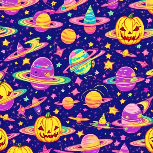 Prompt: Trick or treat in outer space in the style of Lisa frank