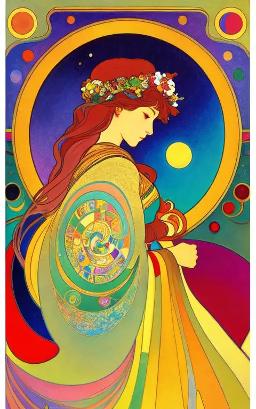 Prompt: Painting background by (Kandinsky:1.25), foreground [Mucha:0.75]