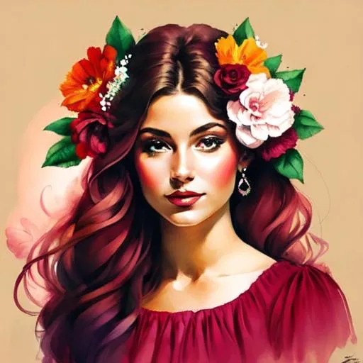 Prompt: flower woman in colors of maroon