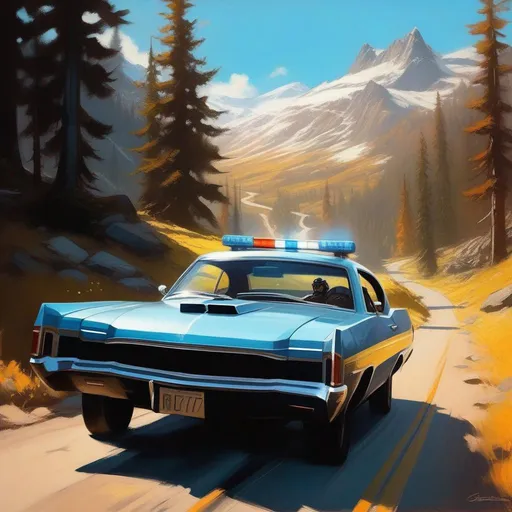 Prompt: Skyrim, car chase, cops, cartoony, sunny atmosphere, extremely detailed painting by Greg Rutkowski and by Henry Justice Ford and by Steve Henderson