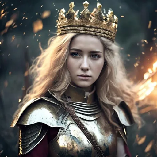 Prompt: beautiful fictional female with crown fighting in war