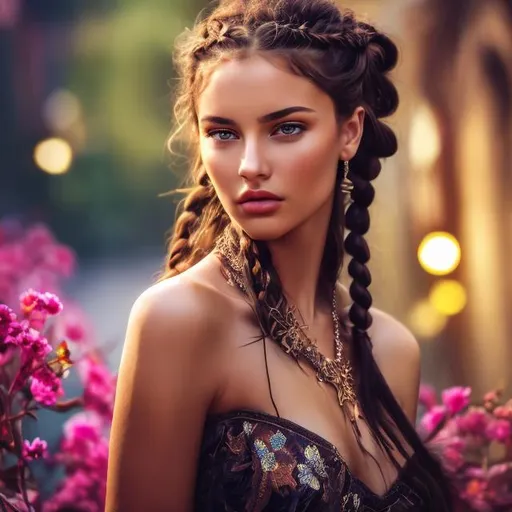 Prompt: professional modeling photo live action  human woman hd hyper realistic beautiful woman dark black hair cornrows on one half light brown skin hazel eyes beautiful face light blue peasant dress with jewelry enchanting spanish landscape hd background with live action flowers and trees at night starry sky