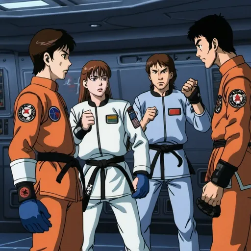 Prompt: the space fighters talk about a serious threat during martial arts training on the ship anime.