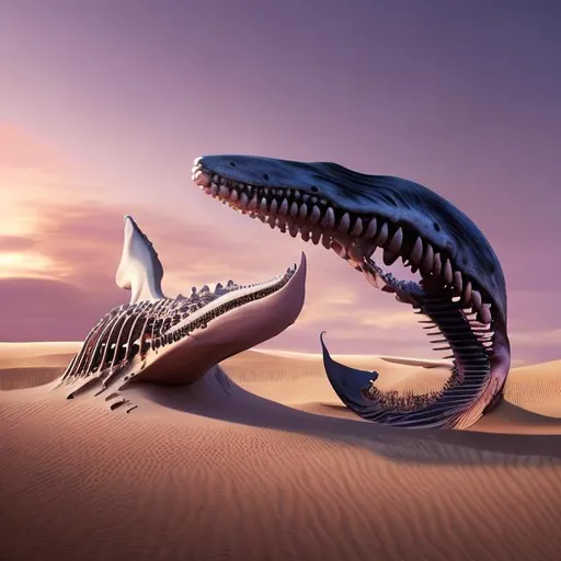 Prompt: A whale skeleton jumps out of the dunes in a fantasy desert landscape at dusk. soft purple sky over peachy sand