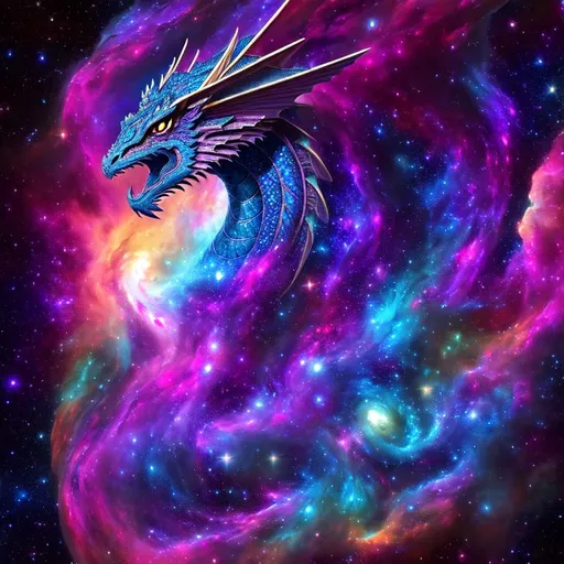 Prompt: Cosmic Epic Beautiful Nebula Western Dragon}, big dreamy eyes, beautiful intricately-colored scales, symmetrical, Beautiful and Gorgeous, hyper realistic, expansive psychedelic background, hyper realistic, 64K --s99500