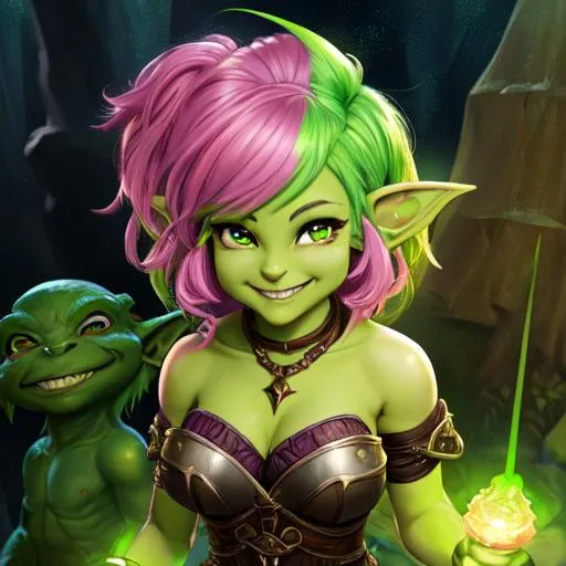 Prompt: oil painting, D&D fantasy, green-skinned-goblin girl, green-skinned-female, small, beautiful, short dark pink hair, wavy hair, smiling, pointed ears, fangs, looking at the viewer, cleric wearing intricate adventurer outfit, #3238, UHD, hd , 8k eyes, detailed face, big anime dreamy eyes, 8k eyes, intricate details, insanely detailed, masterpiece, cinematic lighting, 8k, complementary colors, golden ratio, octane render, volumetric lighting, unreal 5, artwork, concept art, cover, top model, light on hair colorful glamourous hyperdetailed medieval city background, intricate hyperdetailed breathtaking colorful glamorous scenic view landscape, ultra-fine details, hyper-focused, deep colors, dramatic lighting, ambient lighting god rays, flowers, garden | by sakimi chan, artgerm, wlop, pixiv, tumblr, instagram, deviantart