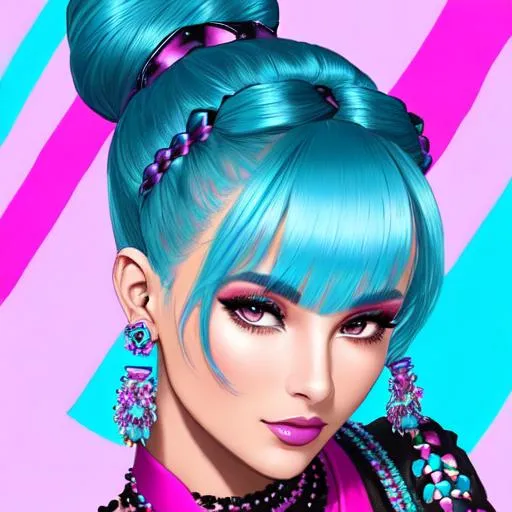 Prompt: An extremely gorgeous woman,  with top knots full of cyan jewels, in color scheme of cyan and magenta