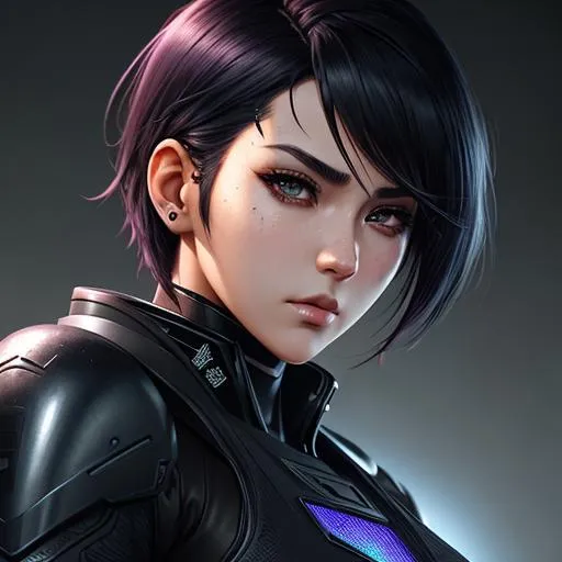 Prompt: Special unit, police, female, SEK, Justice, anti-mafia, black bulletproof armor, short dyed hair, scar across the face, anime character,  detailed,  vibrant,  anime face,  sharp focus,  character design,  wlop,  artgerm,  kuvshinov,  character design,  unreal engine