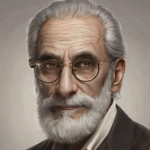 Prompt: Man with a high forehead, greying temples, pointed eyebrows, dark brown hair, a very very thin grey beard, extremely well trimmed so that it just follows his jawline and comes to a point at his chin, with big brown eyes, thick lips.  Slightly rounded and elongated face, wearing large round gold-rimmed glasses.
