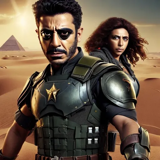 Prompt: Half Egyptian Half British man in modern military gear with lion theme accessories, black hair, posing for a picture, super hero, a warrior in war, photorealiatic, character close-up, still from the avengers, promotional poster, black hair, editorial photo from magazine, desert Sahara background, as a tarot card, midday light, Medium length beared,