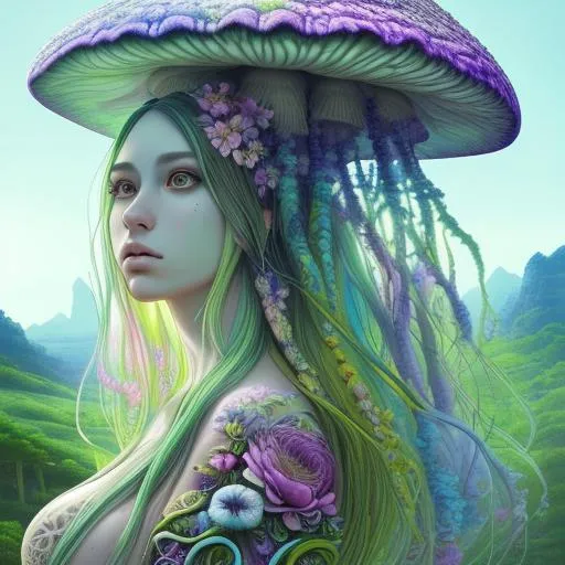 Prompt: Tie dye  art, beautiful, giantess, colossal goddess, landscape, detailed, floral, fantasy, landscape, floral, mushrooms, soft, pretty visuals, aestheticfull body and face focus, intricate details, exceptional detail, fantasy, ethereal lighting, hyper sharp, sharp focus, photorealistic portrait, detailed face, highly detailed, realistic, hyper realistic, colorful, unreal engine, Ultra realistic large chest, athletic body, Highly detailed photo realistic digital artwork. High definition. Face by Tom Bagshaw and art by Sakimichan, Android Jones" and tom bagshaw, Biggals, beautiful face, beautiful body, beautiful eyes, beautiful hair, smooth textures,is a digital painting with vibrant colors and exceptional detail, created using 3DS Max, AppGameKit, and Behance HD.


