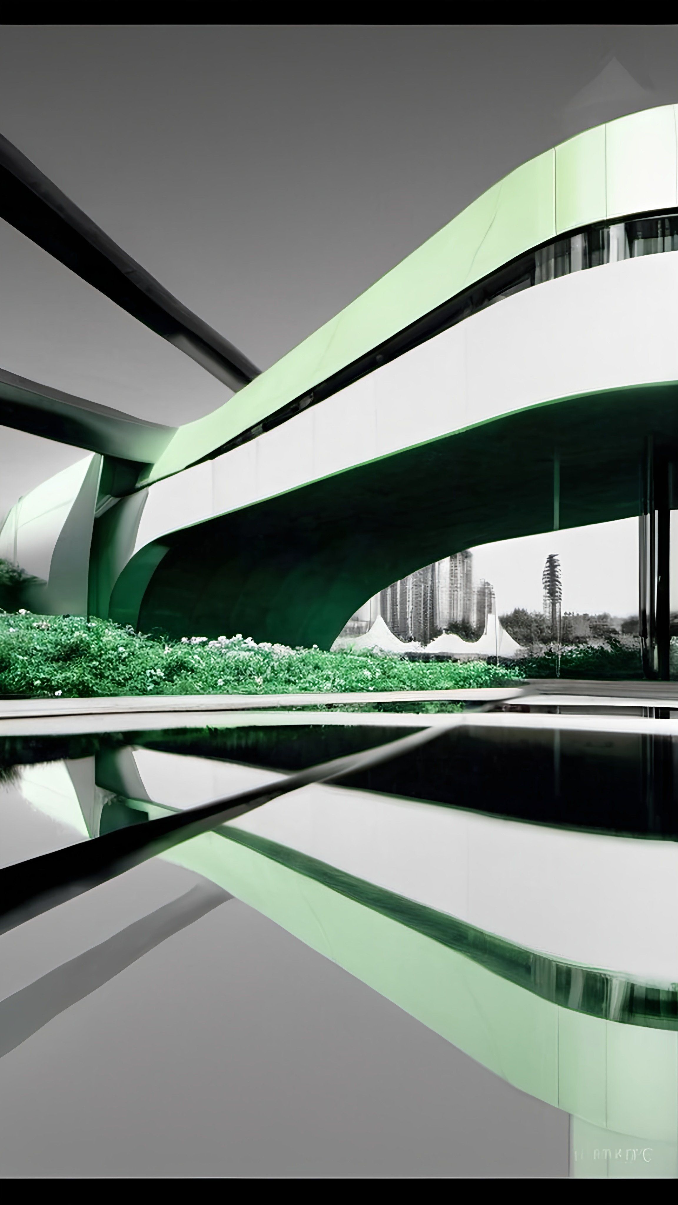 Prompt: a building with a garden and a reflection in the water of it's surface, vray render, a matte painting
