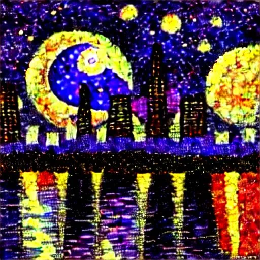 Prompt: van gogh night sky blue white yellow and purple, pointillism, impressionism, future city with 2 high towerand highway, flat city lights in the distance, in front a forest of purple orange and yellow colors, large moon, many little star