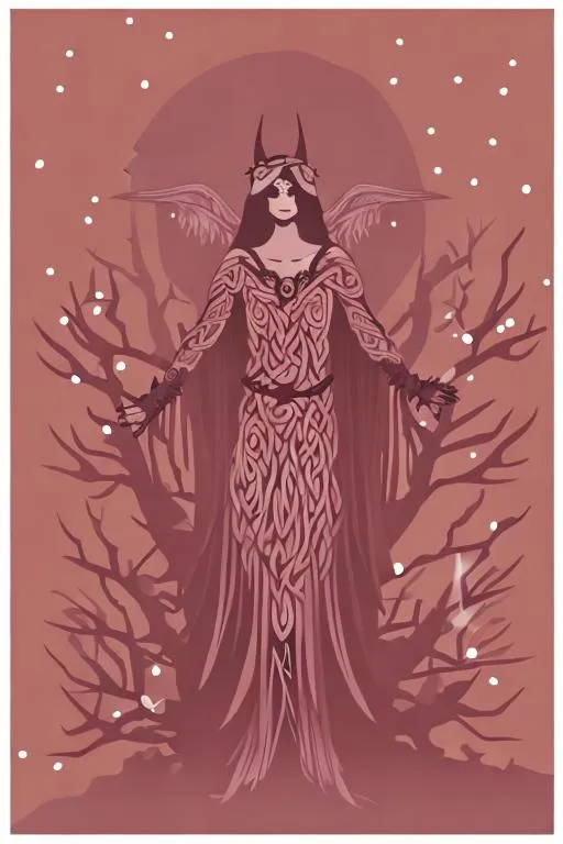 Prompt: celtic pagan goddess: The Morrigan. Crows. winter trees.   death goddess.