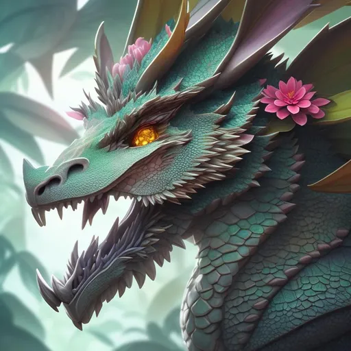 Prompt: a botanic dragon portrait, flowers, plants, digital concept art, side view, deviantart style, uncropped