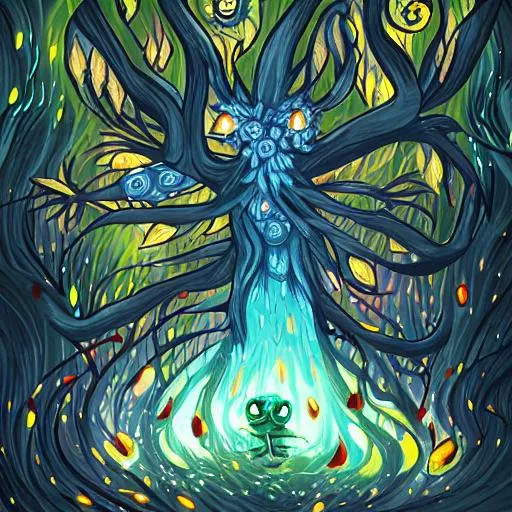 Prompt: A digital painting of a fey tree monster surrounded by fireflies.