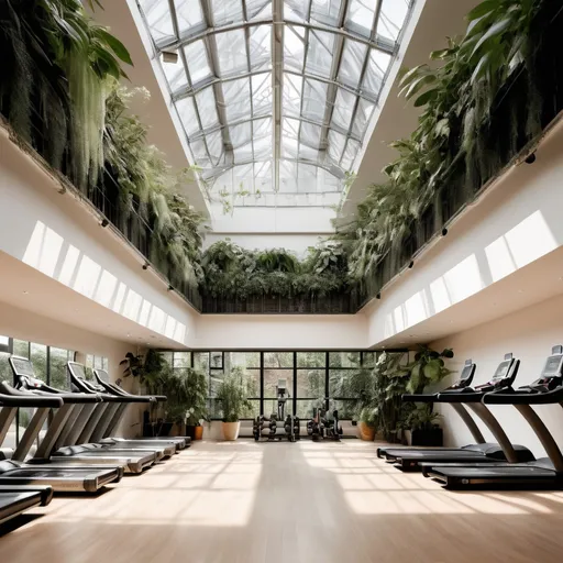 Prompt: A 100 square meter gym with a glass ceiling and a part of the gym that is covered in plants