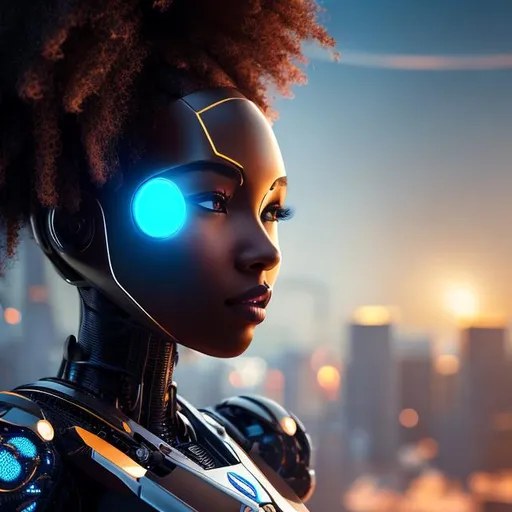 Prompt: Please produce a photograph of a beautiful black girl, dark brown skin, working on robot, with fantasy colors,  daylight background, high quality, trending art, trending on artstation, sharp focus, studio photo, intricate details, highly detailed, UHD, HDR, 8K, ((Masterpiece))