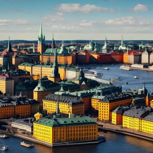 Prompt: A very sharp picture of Stockholm with the Sun in background