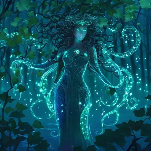 Prompt: An elegant fantasy translucent Medusa that is glowing, in a forest 
 on a lake surrounded by ivy, beneath the stars, bioluminescent, highres, best quality, concept art