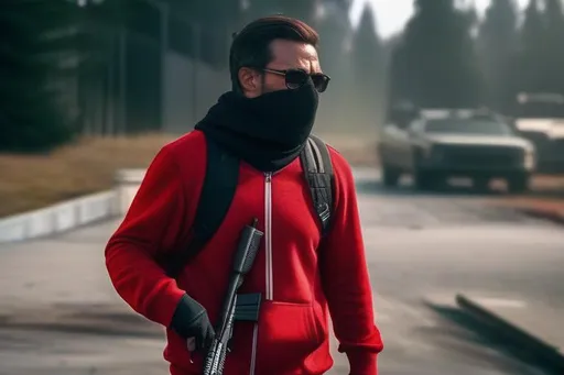 Prompt: A man from The Walking Dead, with black glasses, wearing a red sweatshirt with black stripes and a black balaclava, with a sniper rifle, walking, background zombie apocalypse, Hyperrealistic, sharp focus, Professional, UHD, HDR, 8K, Render, electronic, dramatic, vivid, pressure, stress, nervous vibe, loud, tension, traumatic, dark, cataclysmic, violent, fighting, Epic