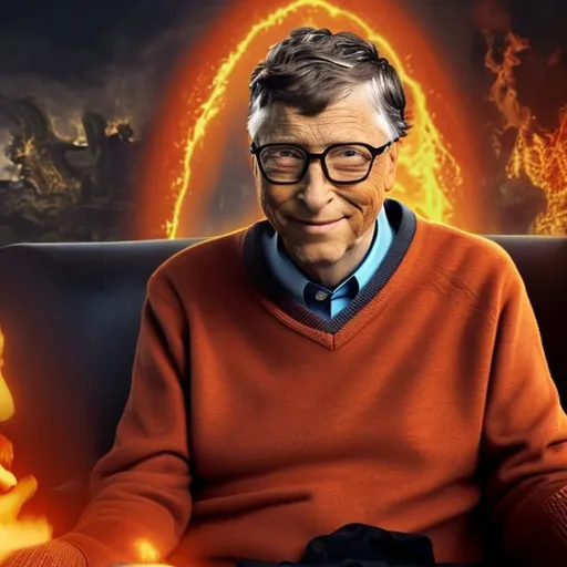 Prompt: Bill Gates as Satan sitting on a recliner knitting in hell with fire behind him