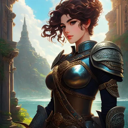 Prompt: Greek Mythology, leather armor,  adventurer, full armor, DnD concept art, In a busy market, half body portrait, detailed face, detailed vibrant eyes, full eyelashes, ultra detailed accessories, city background, curly hair, bangs, dnd, artwork, fantasy,inspired by D&D, concept art, ((looking away from viewer)), ((Art inspired by studio ghibli)), cartoonish,