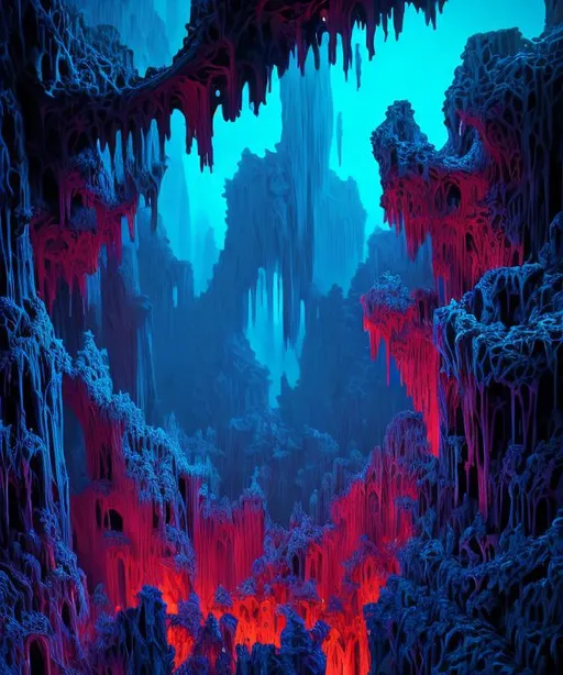 Prompt: a scary dank cave with blood on the walls, bloodfell caves, stalactites, stalagmites, Masterpiece,  photo quality,  cinematic light, ((depth of field)), fractal isometrics details bioluminescence, analogous colors, Luminous Studio graphics engine, trending on artstation Isometric Centered hyperrealist cover photo awesome full color, gritty, glowing shadows, high quality, high detail, high definition, dark fantasy