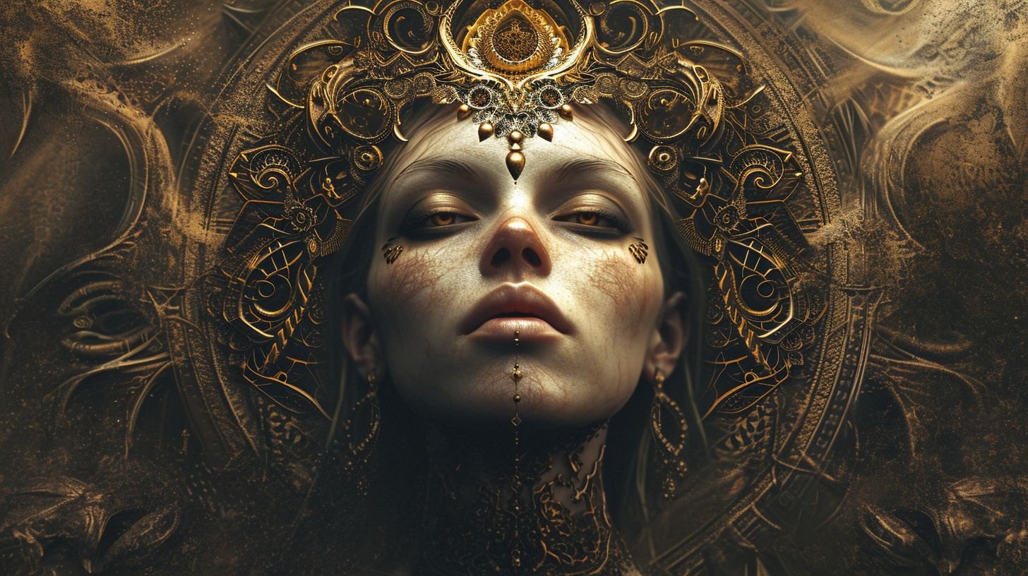 Prompt: Digital art of a dreamlike woman embellished with detailed forehead jewelry, in tandem with a monstrous visage having a standout eye. The setting showcases enigmatic patterns that blend the duo.