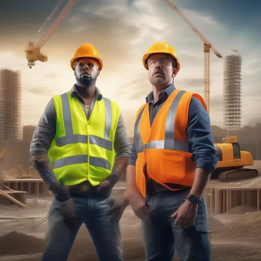 Prompt: Hyper-realistic image of a rap battle at a single microphone between two grizzled construction workers wearing hard hats and high visibility vests on a construction project site. Scene is set from perfect viewpoint, highly detailed, wide-angle lens, hyper realistic, with dramatic sky, polarizing filter, natural lighting, vivid colors, everything in sharp focus, HDR, UHD, 64K