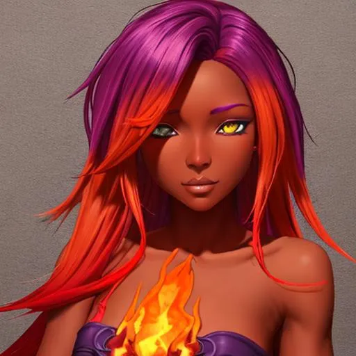 Prompt: Fire Genasi with red-purple-orange ombre hair and darker skin
