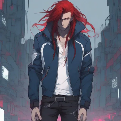 Prompt: young man, greasy long dyed red hair, stubble, blue jacket with white accents, white shirt, cyberpunk, full body image, skinny, 