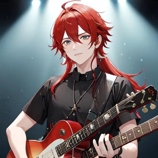 Prompt: Zerif 1male (Red side-swept hair covering his right eye) playing the guitar at a concert, UHD, 8K, highly detailed