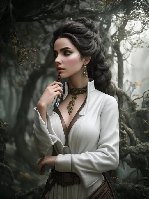 Prompt: Create a photograph of a beautiful fictional female mage, fully clothed, extremely detailed environment, detailed background, intricate, detailed skin, natural colors , professionally color graded, photo realism, 8k, moody lighting