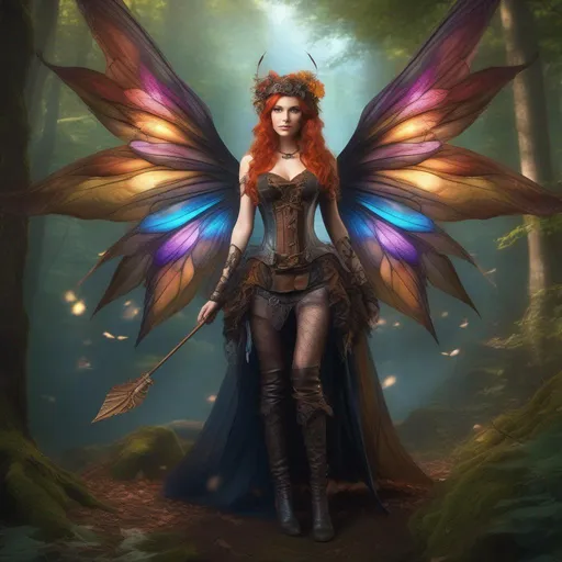 Prompt: Epic. Cinematic. Shes a (colorful), Steam Punk, gothic, witch. spectacular, Winged fairy, with a skimpy, (colorful), (gossamer), flowing outfit, standing in a forest by a village. ((Wide angle)). Detailed Illustration. 8k.  Full body in shot. Hyper real painting. Photo real. An (extremely beautiful), shapely, woman with, ((Anatomically real hands)), and (vivid), colorful, (bright eyes). A (pristine) Halloween night. (Concept style art). Rays of light. Lens flares. Celestial. 